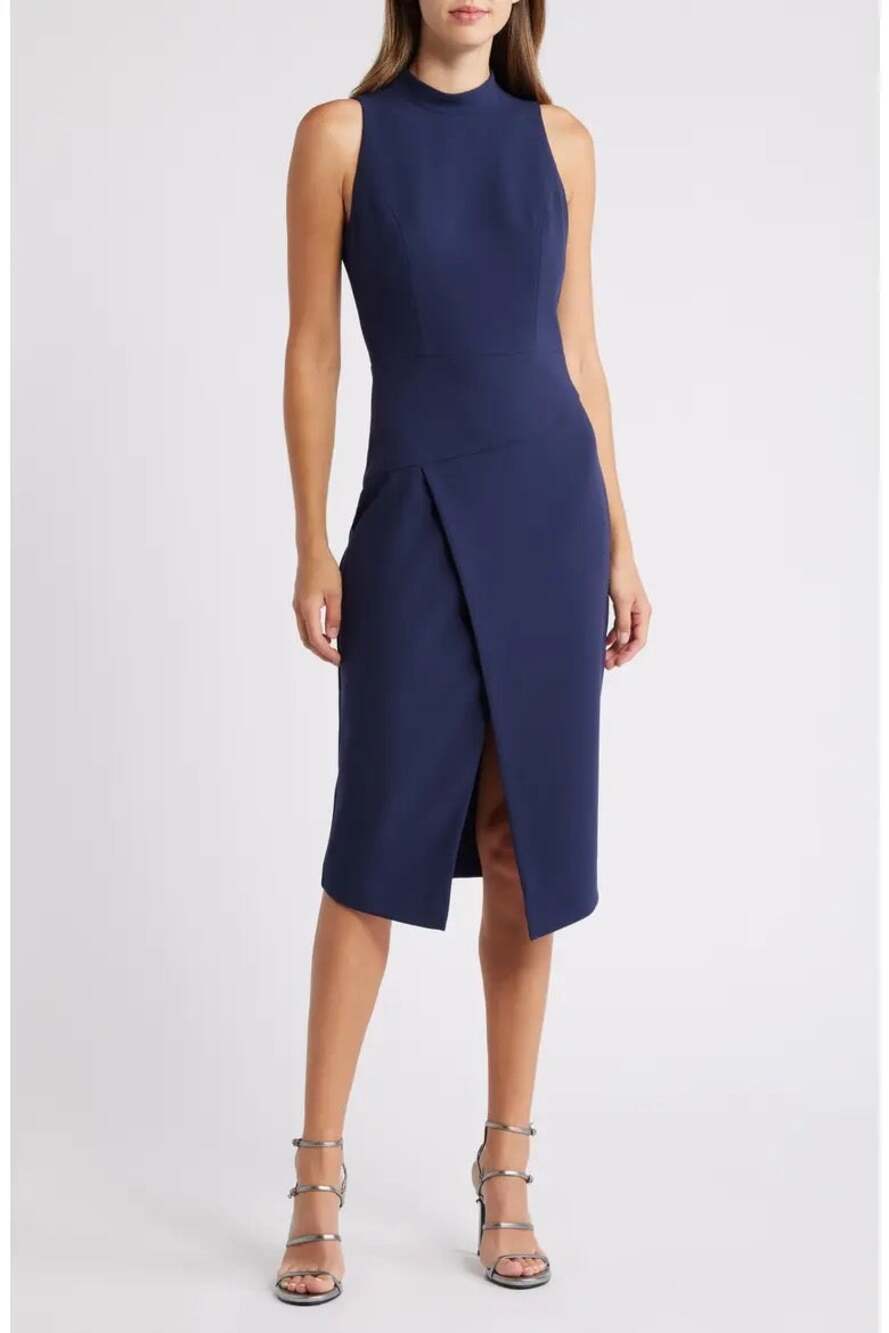 Black Halo Juma Navy Mock Neck Sleeveless Sheath Midi Dress 12 NWOT